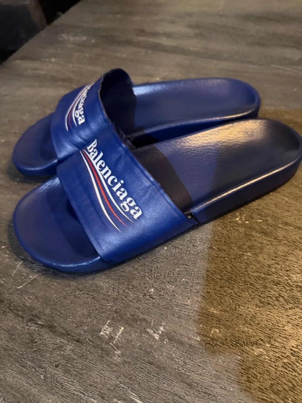 Balenciaga Royal Blue Leather Logo Slide Sandals